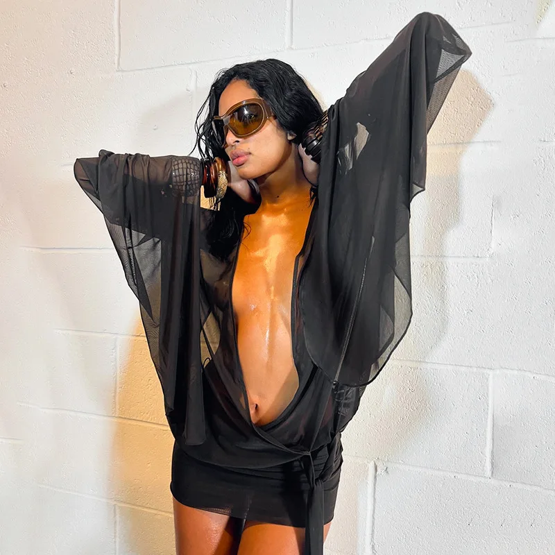 فستان نسائي مثير عميق على شكل حرف V شفاف بدون ظهر وربطة عنق مجوفة وأكمام طويلة معانقة على الورك فساتين حفلات النادي #3