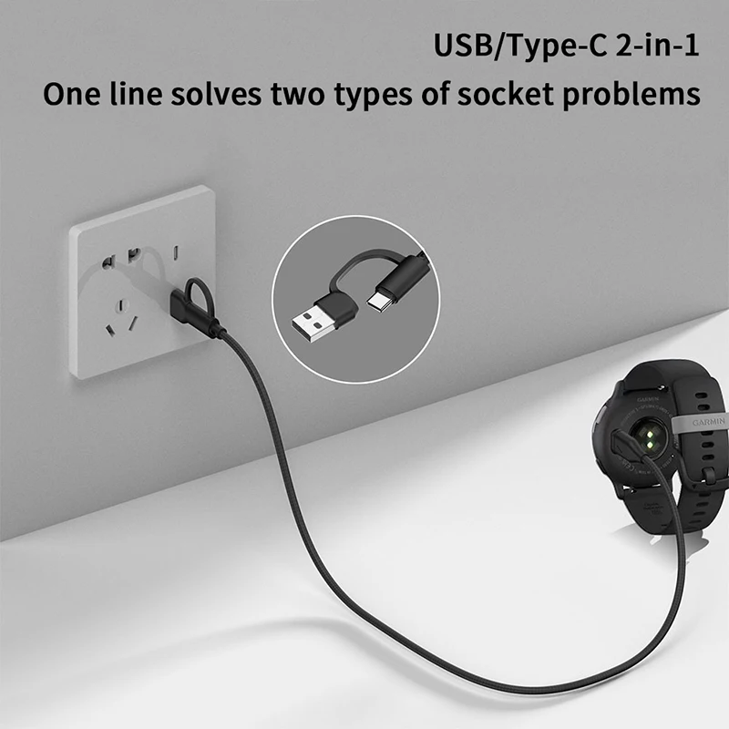 For Garmin Fenix 7/7S/7X/7 Pro/6/6S/6X/5/5S/5X Forerunner 165 245 255 955 Venu 2 2 In 1 USB Type C Watch Fast Charging Cable