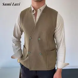 2024 Autumn Fashionable Mens Knit Waistcoats Trendy V Neck Double Breasted Knitted Vest Jacket For Men Casual Sleeveless Jacket