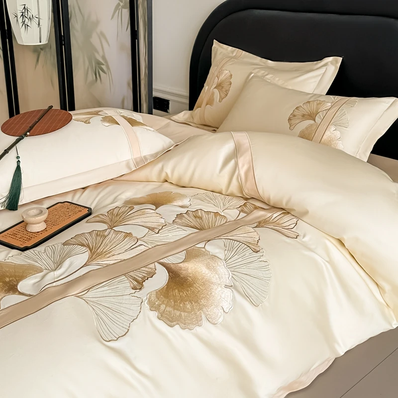 New Chinese Style 100% Cotton Brushed Bedding Set Ginkgo Leaf Embroidery Luxury Duvet Cover Flat Sheet Pillowcases 4Pcs