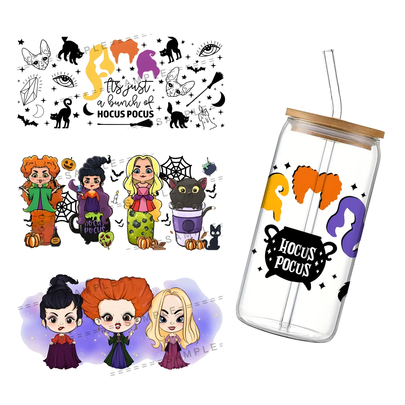 Disney Hocus Pocus para liberbey 16oz Can Glass 3D Waterproof UV DTF Coffee Can Wrap