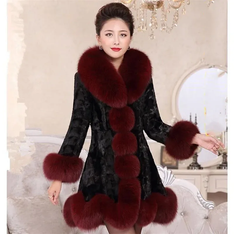 Winter Lady Fashion Leisure Plush Outwear 2025 Female Large Size 6XL Patchwork Fur Jacket Korean Women Mid Length Faux Fur Coat