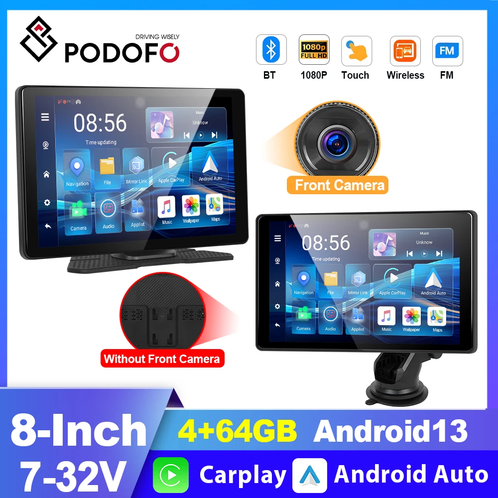 Podofo 8inch 4+64G Android Car Video Player autoradio HD Screen CarPlay Suppport Rear Camera Supports Android Auto Apple Airplay 