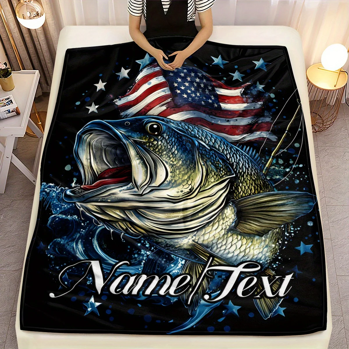 Custom Name Fish & American Flag Flannel Blanket - Glam Style Polyester 100% Knit Fabric, Digital Print, Tear Resistant
