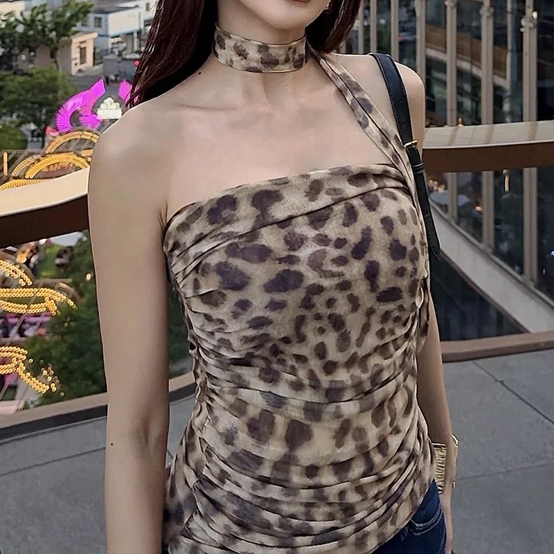 Leopardo impressão colheita topo feminino malha sem mangas sexy tubo verão vintage halter tanque superior sem costas sexy festa topos para senhoras