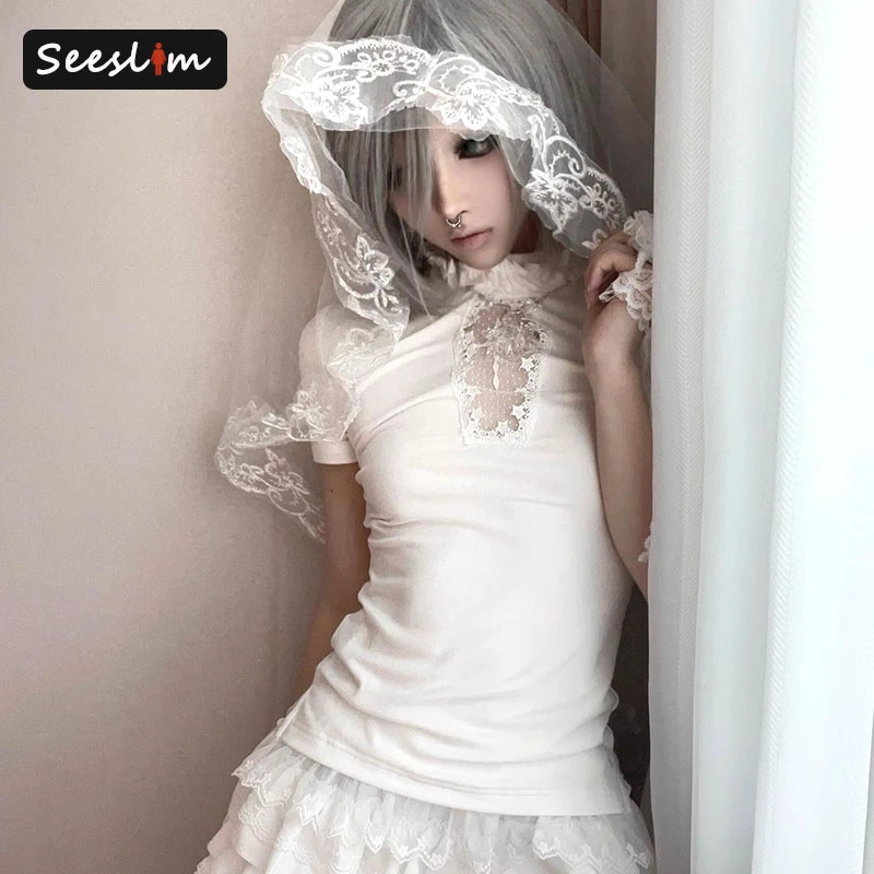 

Seeslim Hollow Out Cross Graphic T Shirts Short Sleeve Ruffled Neck 2000s Clothes Y2k Japan Style Women's T-shirt Summer Tops