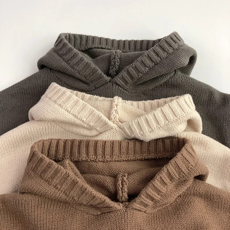 Autumn Winter Baby Retro Knitted Casual Hoodies Girl Children Solid Simple Fashion Tops Boy Infant Cotton Loose Knit Sweatshirt