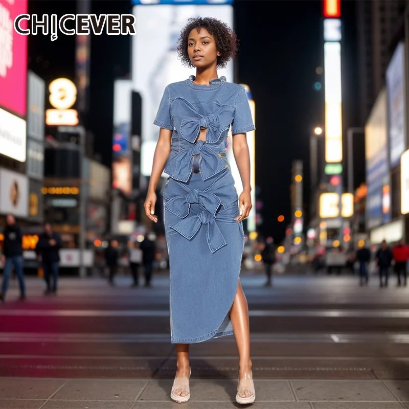 

CHICEVER Patchwork Bowknot Two Piece For Women O Neck Short Sleeve Hollow Out Top High Waist Split Midi Skirt Sets Female Summer