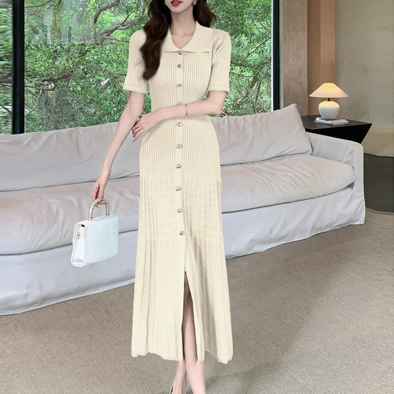 Sexy Knit Polo Maxi Dress Ruffle Lapel Casual Short Sleeve Long Dress Buttons Single Breasted Women Luxury 2024 Chic Vacation