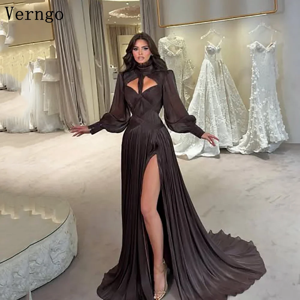 

Verngo Burgundy Shiny Satin Evening Dress High Neck Full Sleeves Mermaid Side Slit Formal Dress Sexy Prom Gown Customized