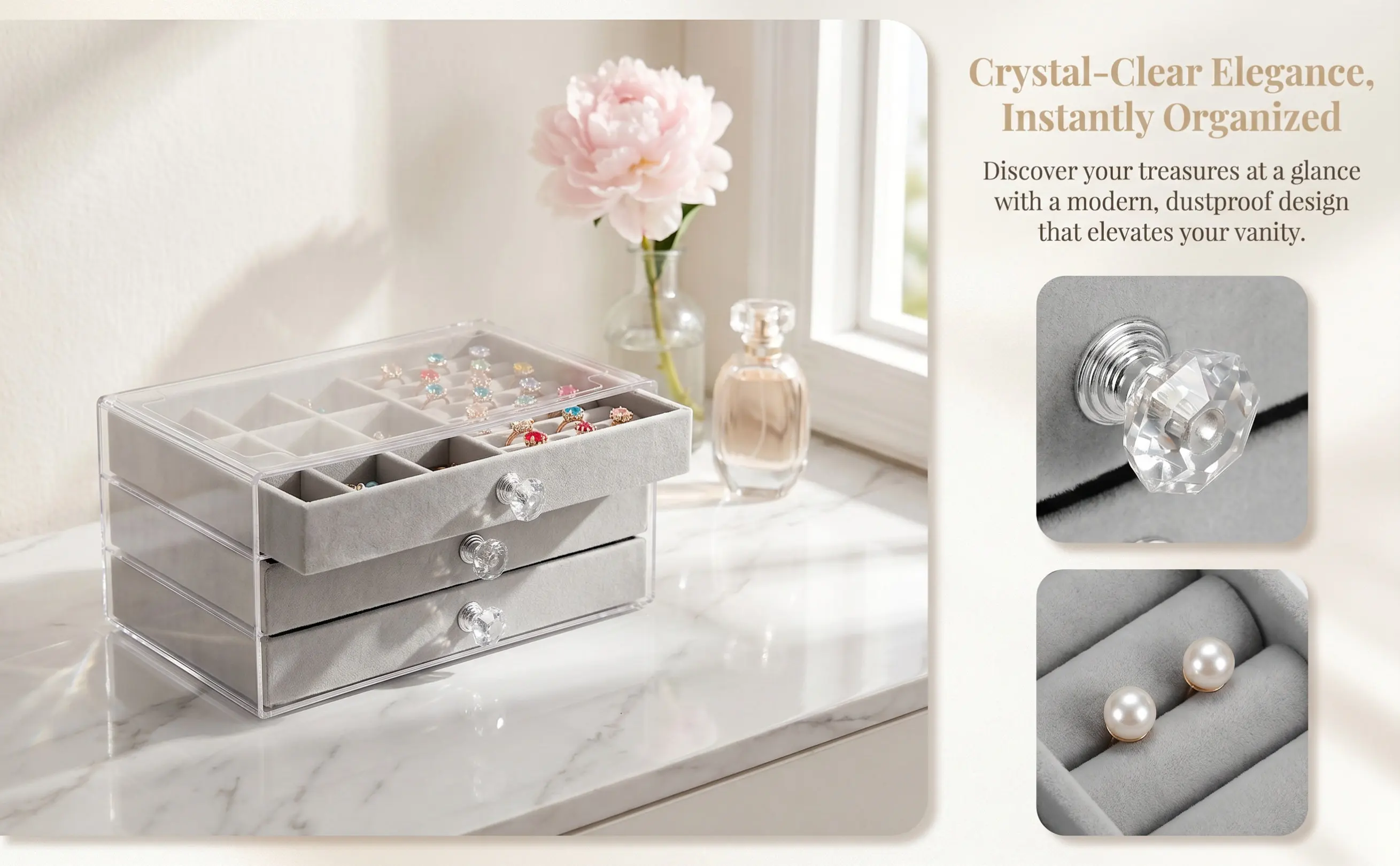 Acrylic 3-Drawer Jewelry Organizer Box – Clear Multi-Tier Storage for Rings, Earrings, Necklaces & Bracelets