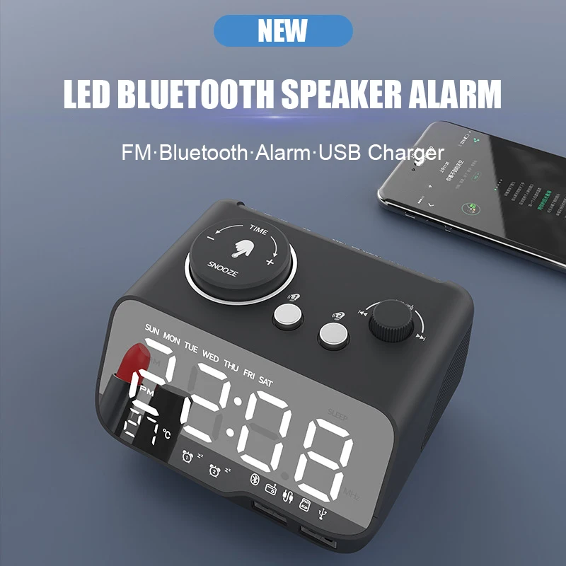 M9 Alarm Clock Music Bluetooth Speaker Snooze Digital FM Radio Table Alarm 1A+2A Clock USB Charger TF Player for iPhone Android