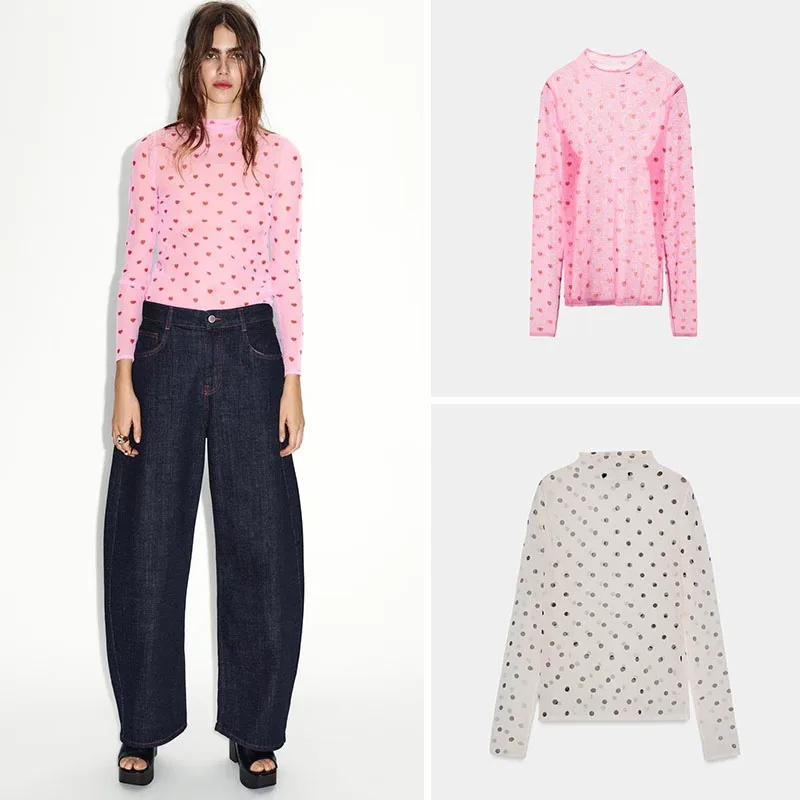 

Весенняя новинка: Женский вязаный топ с длинным рукавом, прозрачным воротником-стойкой и принтом в горошек, этнический сценический костюм