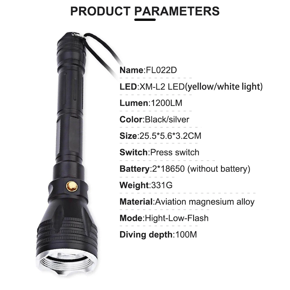 Asafee 100M Underwater 1200LM Yellow/White Light L2 LED Diving Flashlight Waterproof Torch Press Switch Scuba Lantern