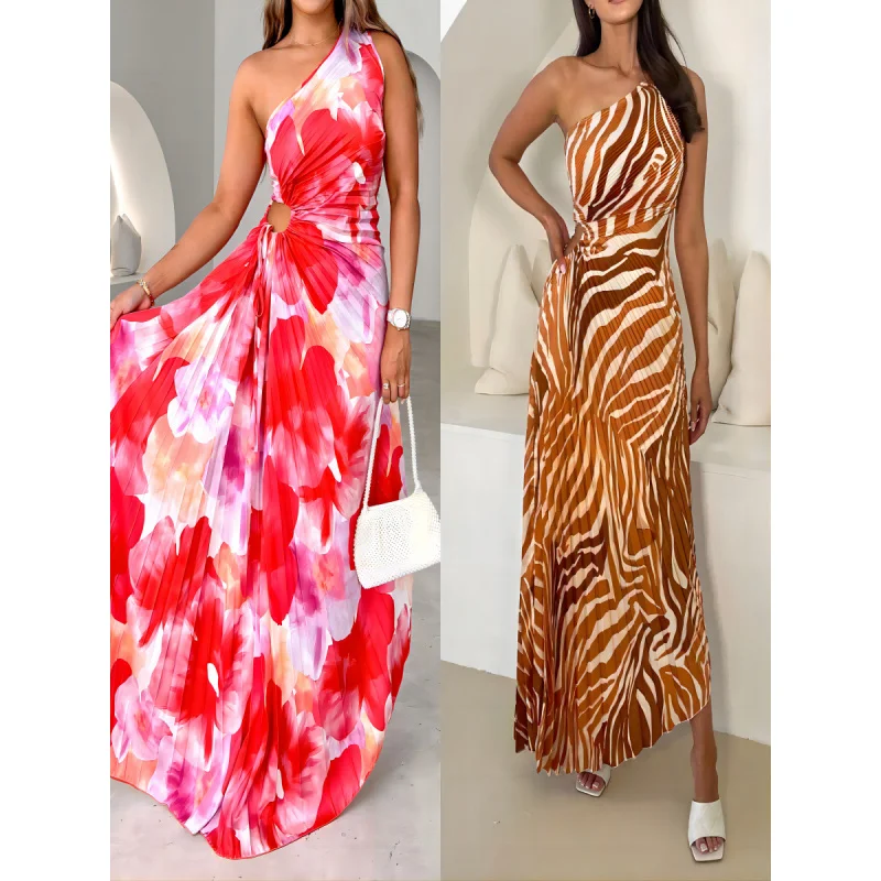 

2025 Summer Design Lace-up Folding Printed One-Shoulder Sleeveless Dress