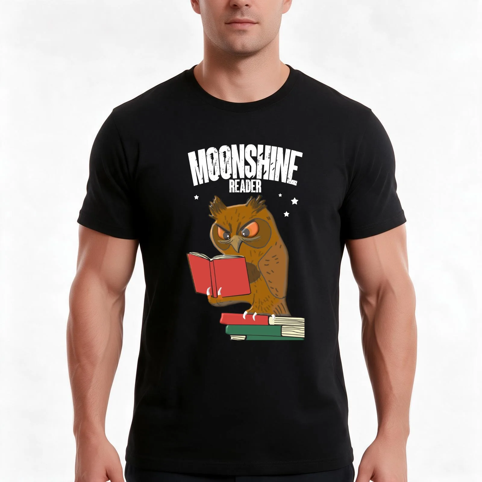 Moonshine Reader - Books Reading Owl T-Shirt, Summer Casual Cotton Tee, Oversized Streetwear Tops, Vintage Graphic Print