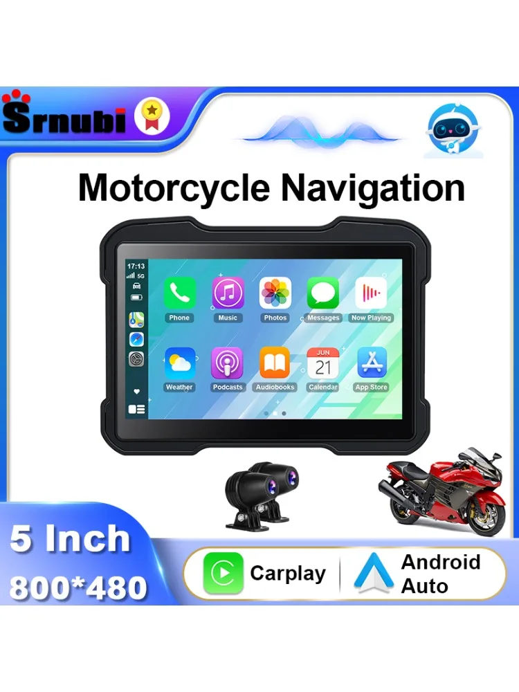 Srnubi 5-Zoll-Carplay-Motorrad-DVR-Navigation, kabelloses CarPlay, Android-Auto-Airplay-Display, tragbarer IPX7-Moto-Monitor