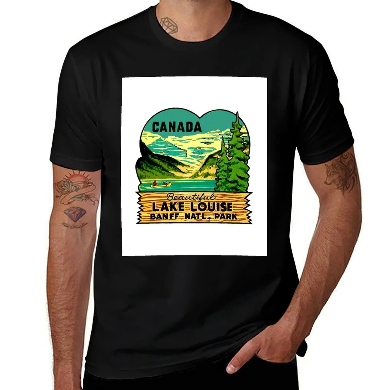Beautiful Lake Louise Vintage Travel Decal T-Shirt Work Wear Short Sleeve T-Shirt