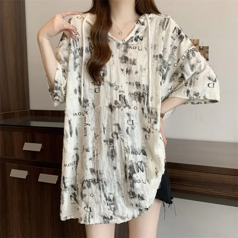 Fashion Loose Printed Letter Tie Dye Hole Hooded Blouses Female Clothing 2024 Summer Oversized Young Style Tops Casual Shirts