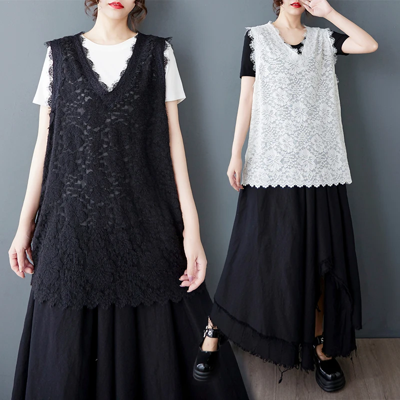 

Новый летний кружевной жилет больших размеров, свободный утягивающий топ, женский базовый топ с v-образным вырезом, тонкая смесь хлопка и полиэстера