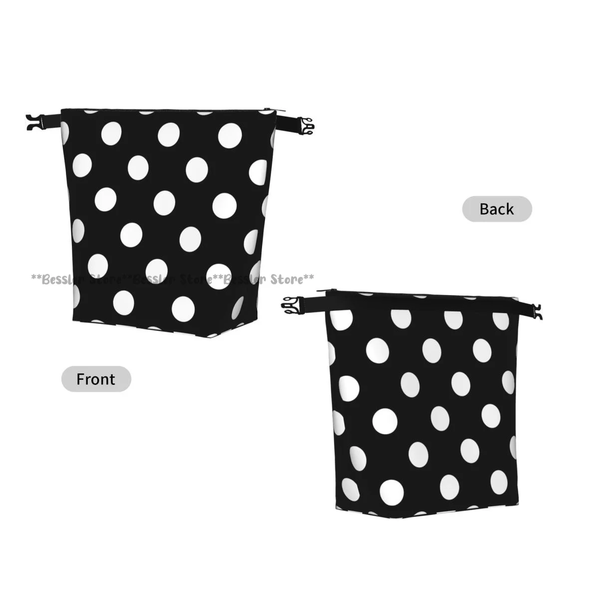 Foldable Roll-Top Thermal Lunch Bag Black White Polka Dot Insulation Lunch Box Carrier for Picnic Hiking