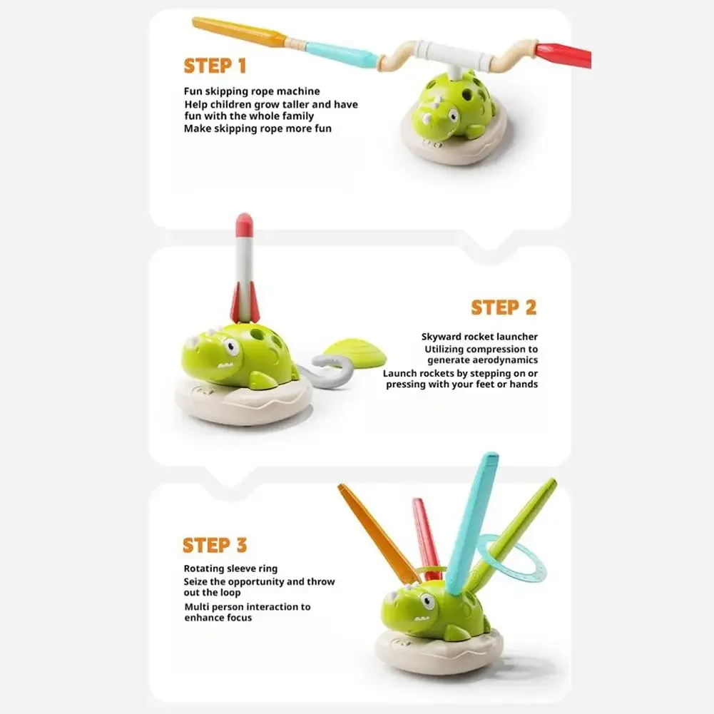 Machine de sport dinosaure 3 en 1, jouet d'entraînement sensoriel pour enfants, corde à sauter intérieure et extérieure, jeu interactif de lancer d'anneaux