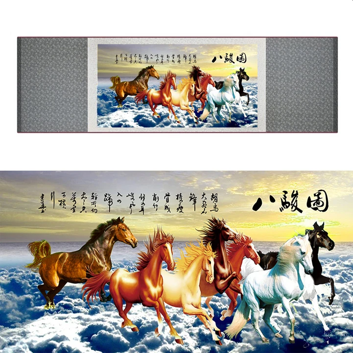 top quality Chinese Horse silk painting  Horse art painting Silk scroll art painting eight horse painting19062813