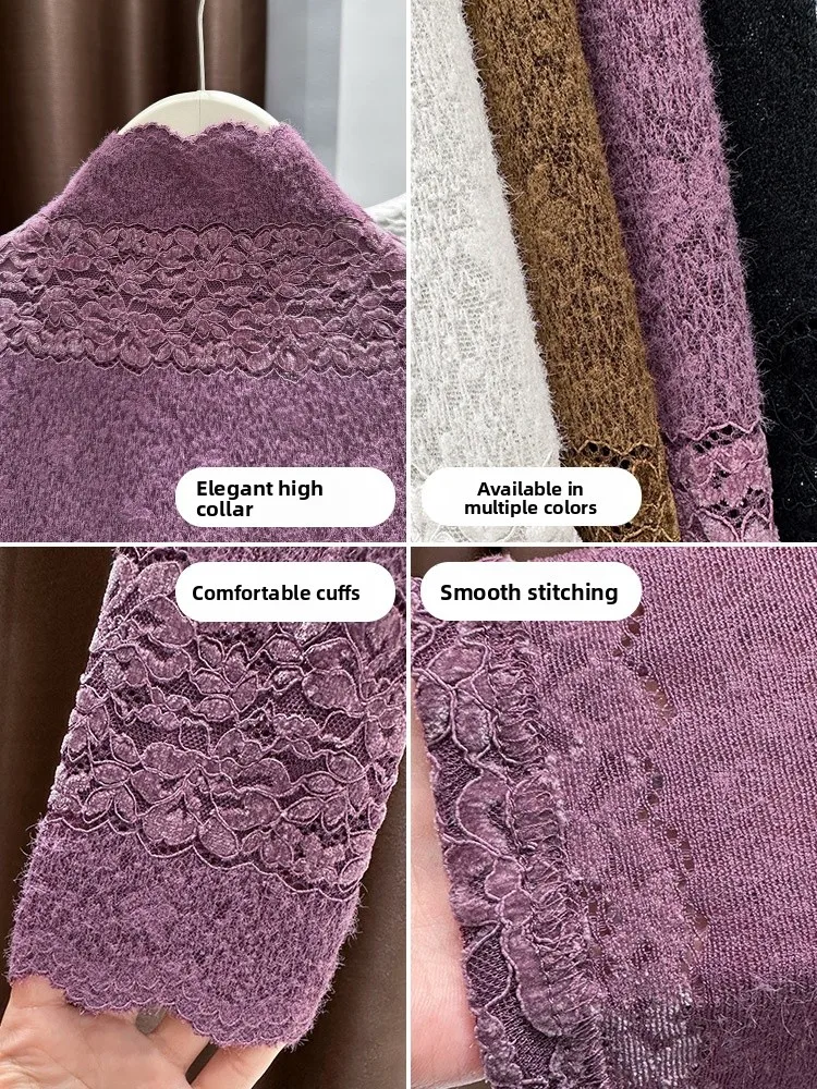 Qingdao dentelle f col haut Base irt automne hiver pull superposition intérieure creuse longue Sve haut femmes trajet Sle donc...