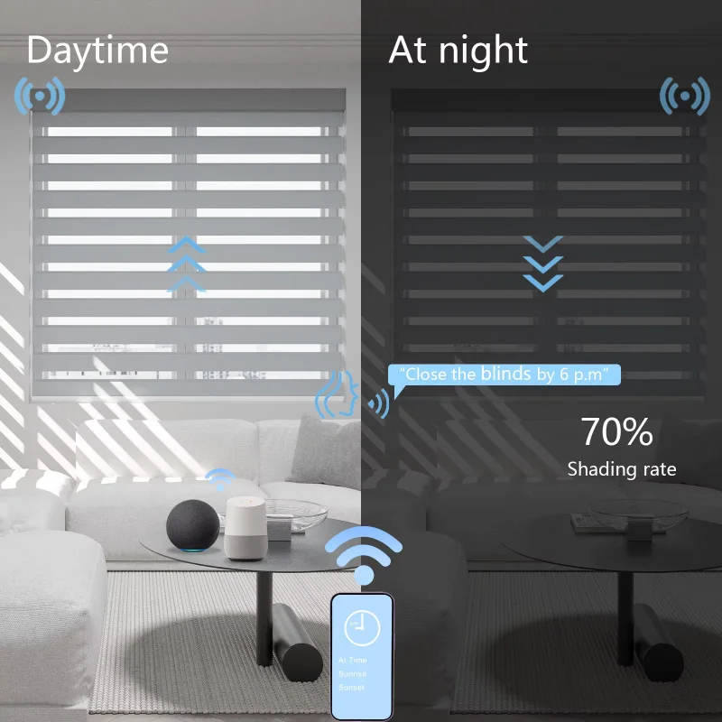 2026 Fashion Customizable Shades 100% Blackout Fabric Intelligent Connect Alexa TUYA Phone Motorized Zebra Blinds For Window