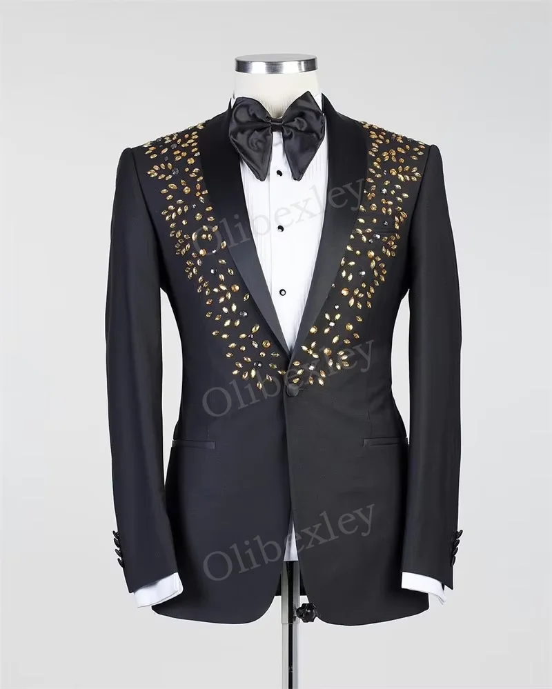 

Luxury Men's Suits 2 Pieces Black High Quality Colorful Beaded Crystals One Button Slim Fit Tuxedos Wedding Groom Business Dinne