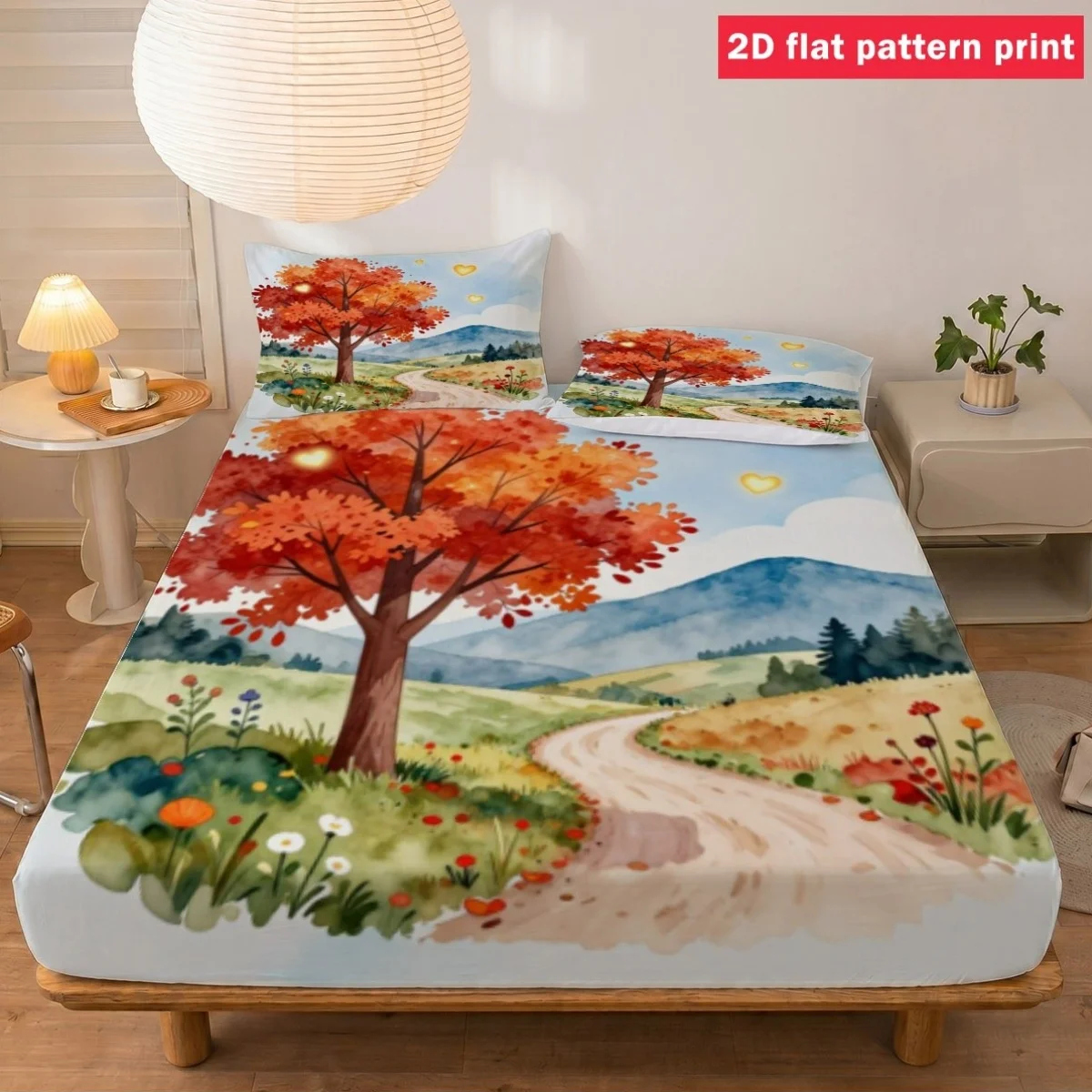 Watercolor Autumn Landscape 2D Digital Print Bedding Set, Available in Various Sizes, Suitable as a Gift, Three-Piece Bedding Set (Includes 1 Fitted Sheet + 2 Pillowcases), Large Capacity Deep Bedding Set, Fitted Sheet Style, Elastic Cover, Mattress Protector, Fitted Sheet Type, Machine Washable Design, Holiday Decoration, Various Sizes, Breathable Protector with Pillowcase