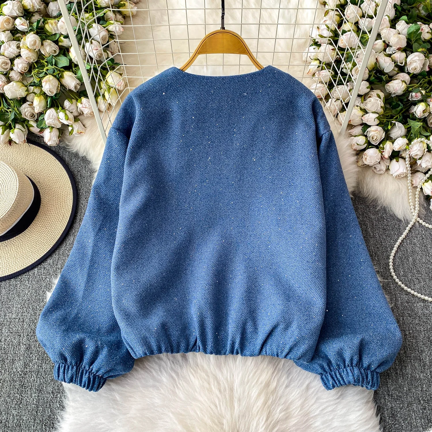 

Ele Blue iny Star round Ne Zipper Jaet Women's Winter 2025 New Versatile Loose Slimming Top Commute Sle