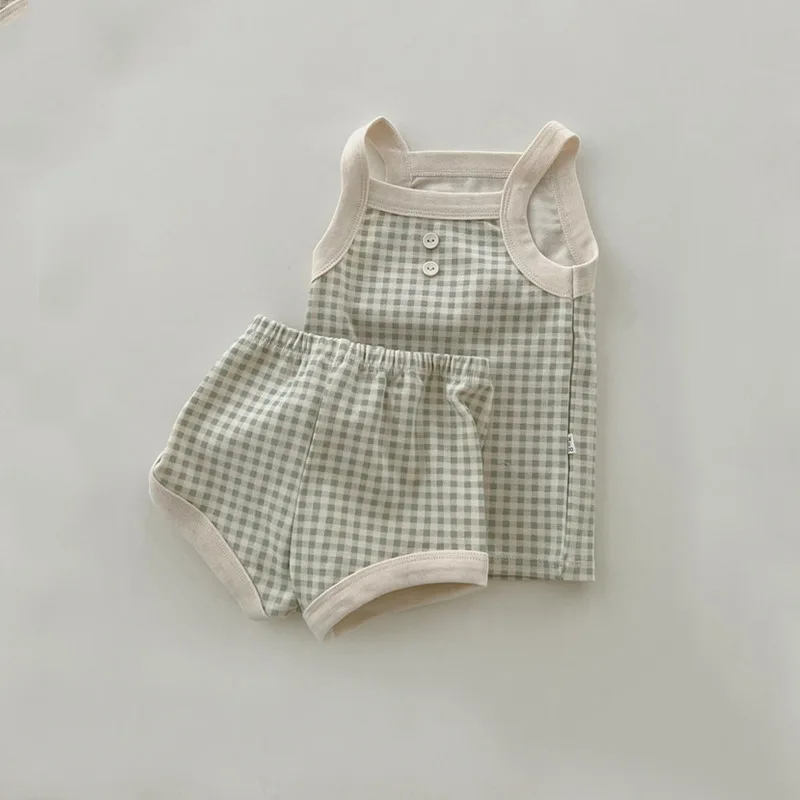 6-36M Newborn Kid Baby Boy Girl 2pcs Clothes Set Plaid Sleeveless Tank Top Shorts Set Summer Gingham Two Piece Set Baby Outfit