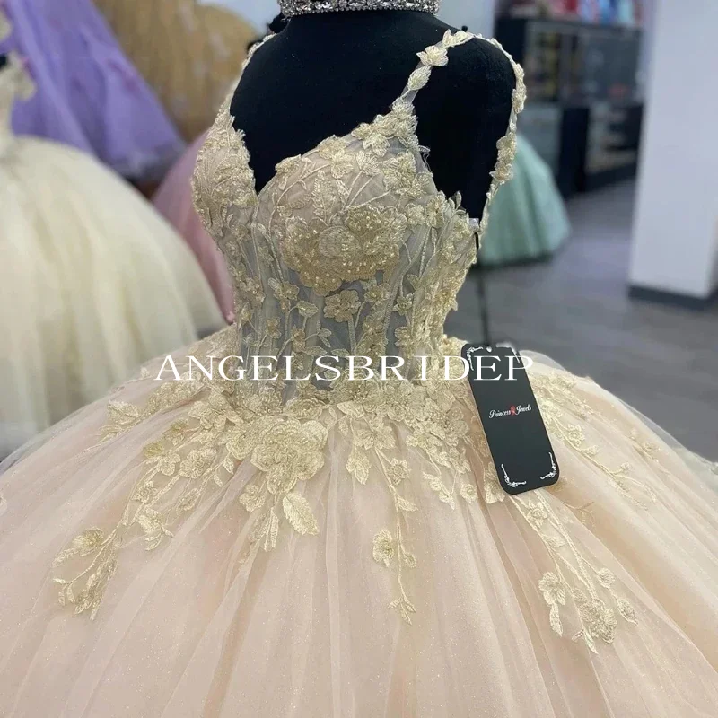 Angelsbridep New Champagne Illusion Sweetheart Ball Gown Quinceanera Dresses Spaghetti Strap Vestidos De 15 Quinceañera 2024