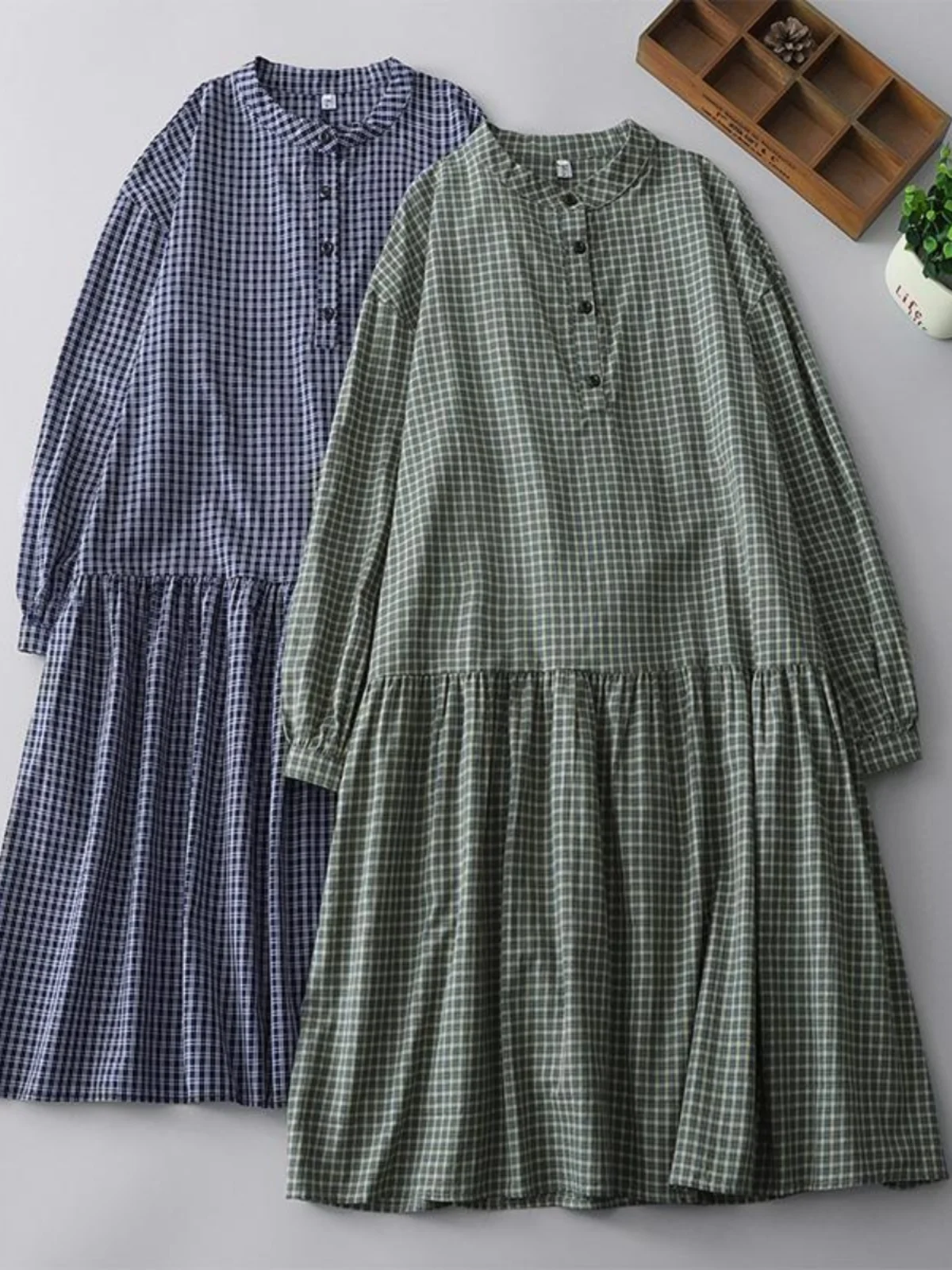 

High-End Vintage Plaid irt Dr plus Size Anti-Aging Mid-Length Slimming Women's Clothing Commute Sle Long Sve A-Line...