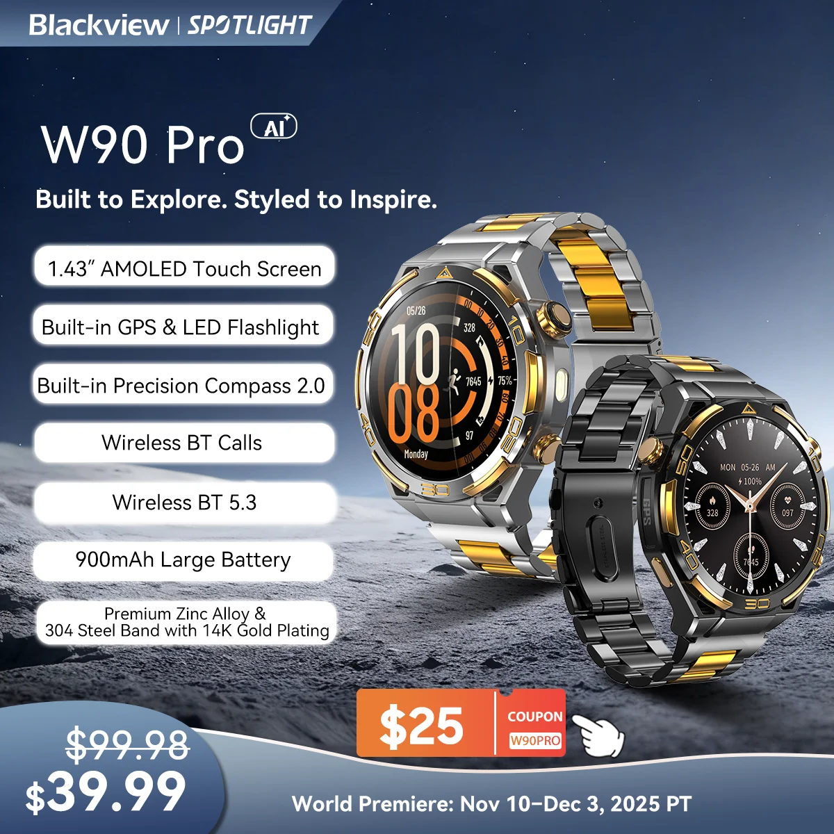 Blackview W90 Pro Outdoor Smart Watches with GPS, 1.43" AMOLED Display, 900mAh/ 20Days Standby, Waterproof Sport Watch for Men