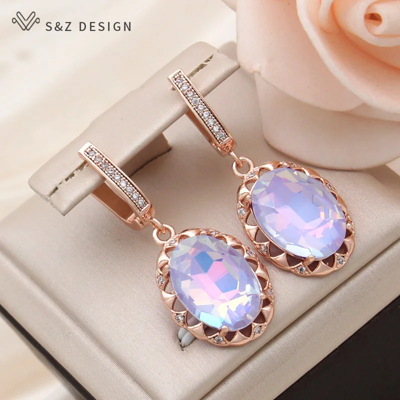 S & Z desain baru modis 585 warna Rose Gold kristal Oval anting menjuntai untuk wanita pesta pernikahan kubik Zirconia perhiasan hadiah