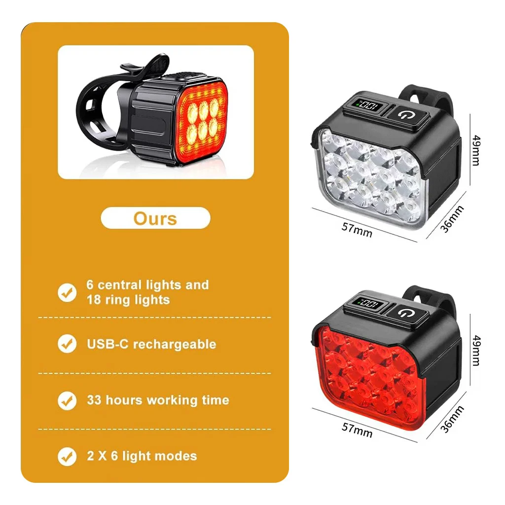 Bike Lights Set Night LED Rechargeable Bicycle Front Headlight Rear Tail Light Display Safety Reflectors Mountain Road Cycling