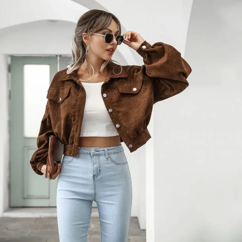 2024 primavera cappotto di velluto a coste soprabito Vintage monopetto capispalla moda tasca top Casual manica lanterna giacche donna 18047