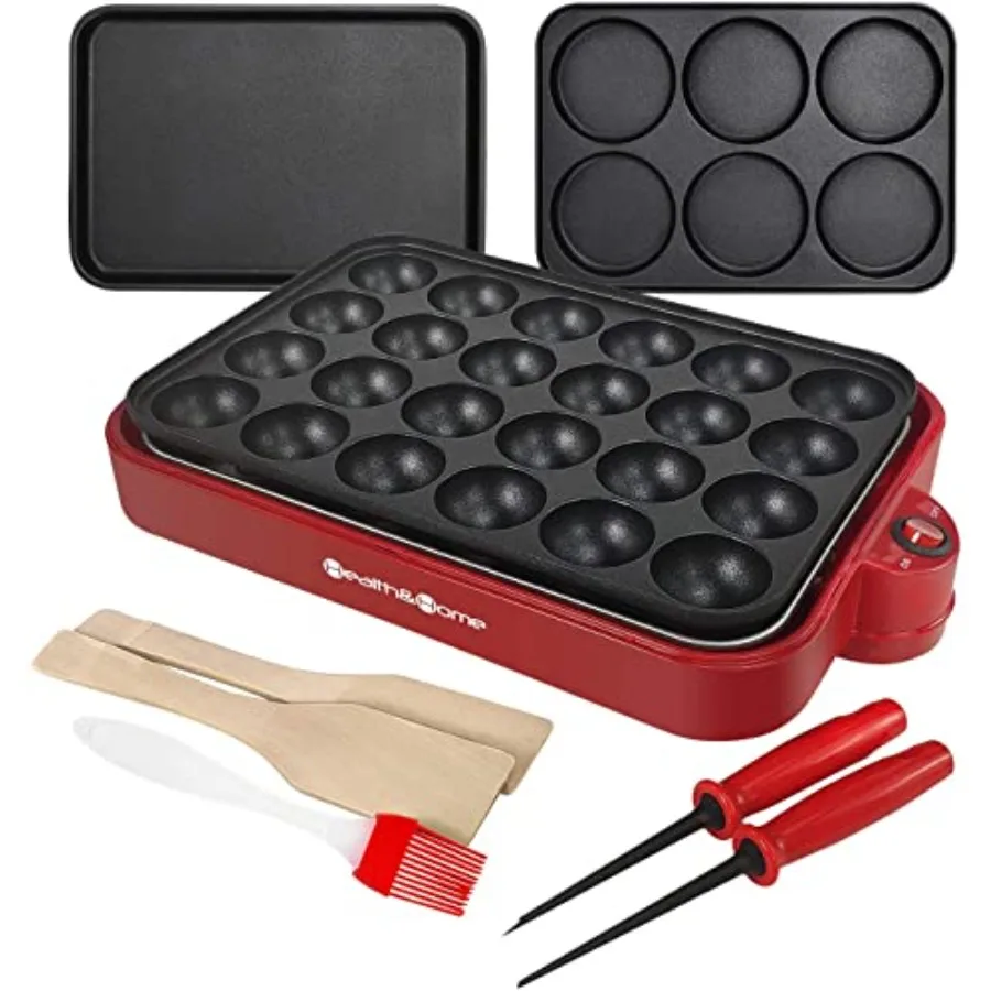 

Multifunction Nonstick Baking Maker with 3 Interchangeable Plates for Fried Eggs Steak Takoyaki Cake Pops Grill RED