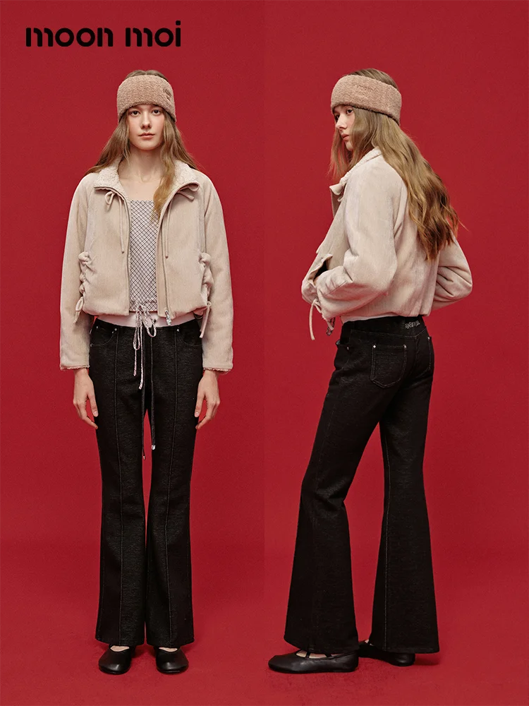 

Вязаные джинсы Moonmoi с вышивкой и расклешенными штанинами из шерстяного денима, дизайн Color Blo, женские, для зимы и весны, модные