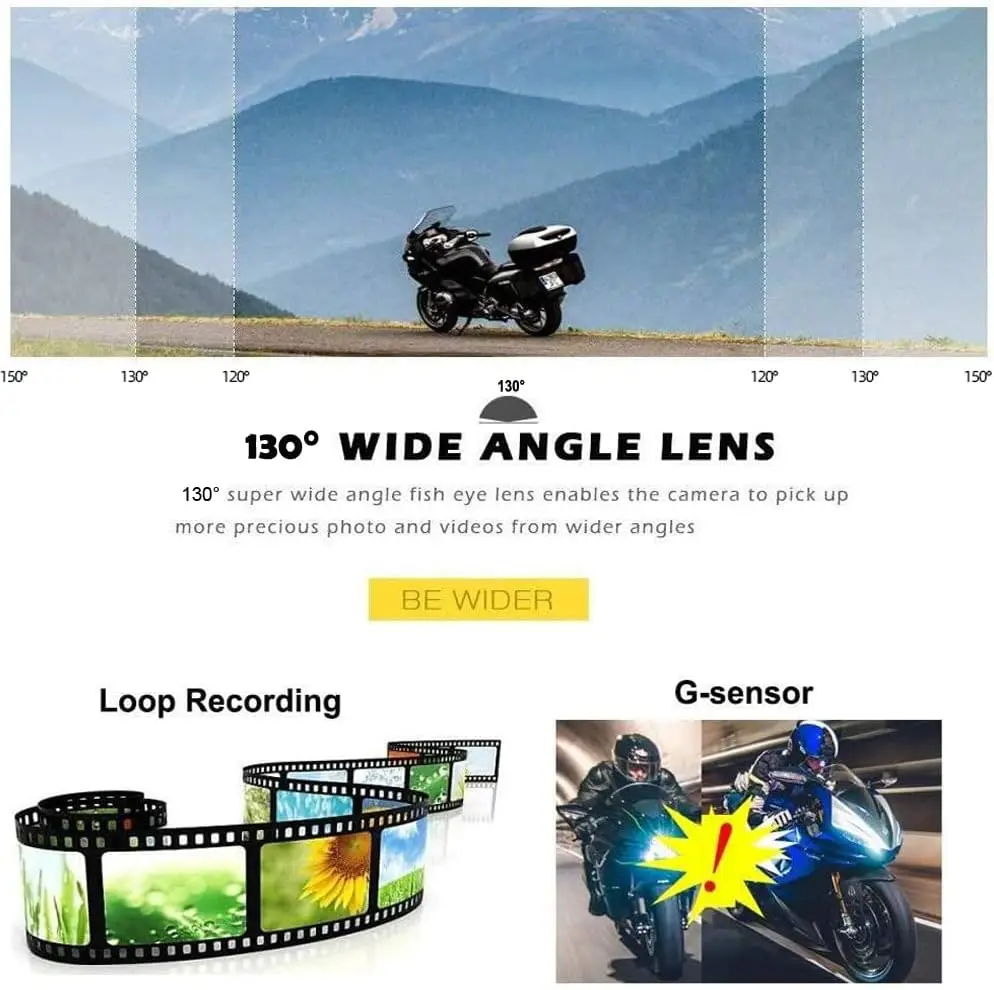 WiFi Motorcycle Cam 2CH 130° Wide Angle HD 1080P Front Rear DVR with Night Vision G-Sensor Loop Recording Black D6L