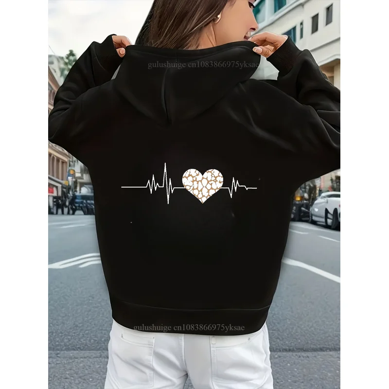 Y2K Oversized Hoodie Heartbeat ECG Broken Heart Line Art Sweatshirt Vintage Aesthetic Autumn Winter Women Halloween Gift