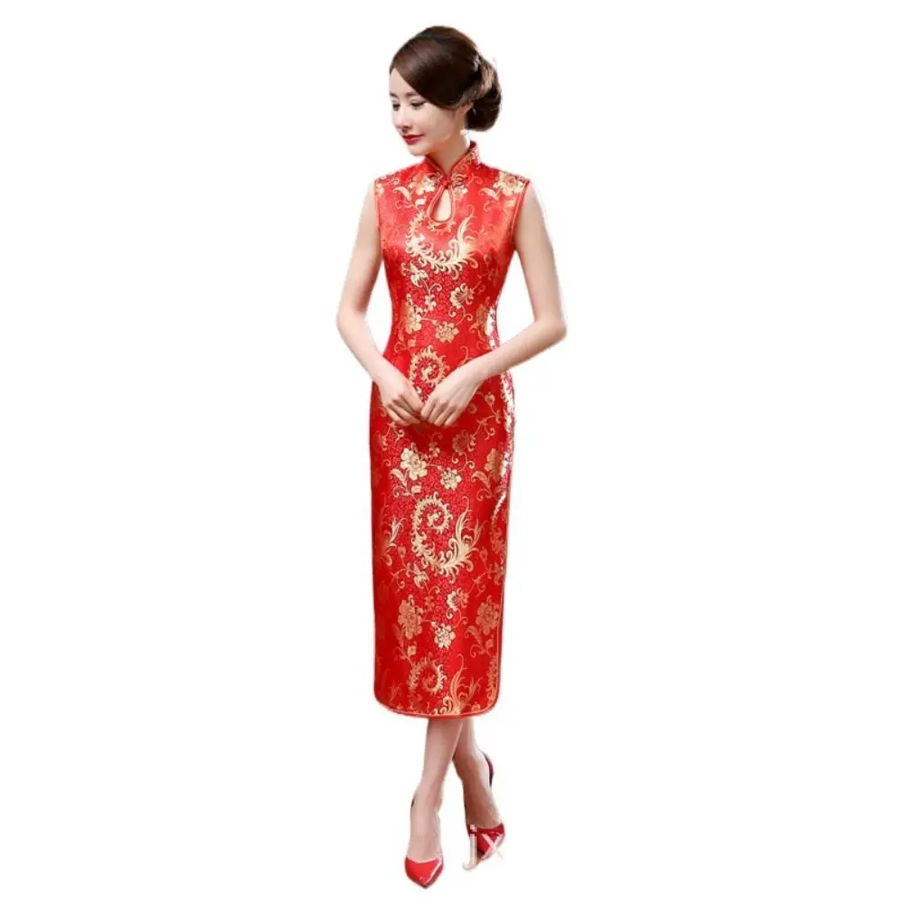 

Floral Print Cheongsam Dresses Chinese Style Vintage Bodycon Dresses Mandarin Collar Sleeveless Traditional Clothing Party