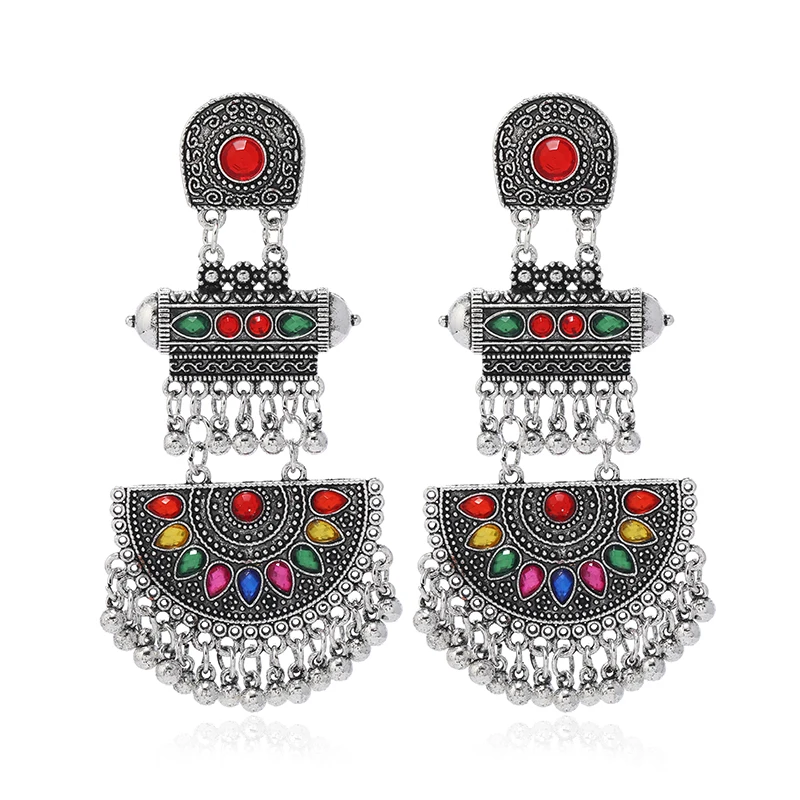 European and American Bohemian style colored fan-shaped alloy vintage ethnic style earrings