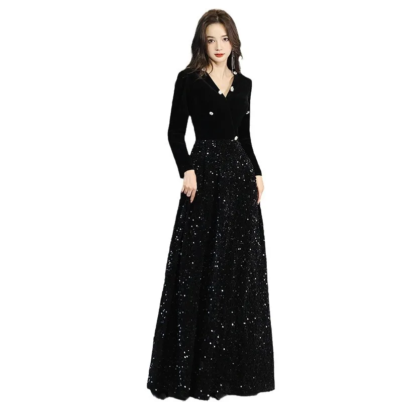 Evening Dress Black Long Sleeve 2024 New Banquet Socialite Temperament Art Exam Host Formal Fall Women's Clothing