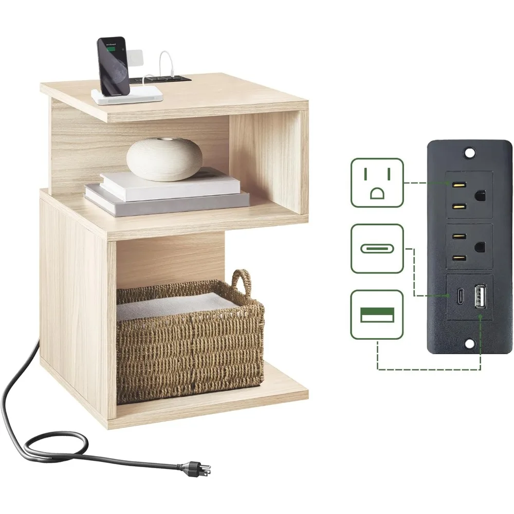 

Tokyo S Flip Minimalist 3 Tier End Table with Fast Charging Station - USB C Cable Wood Nightstand for Small Spaces with Open Sto