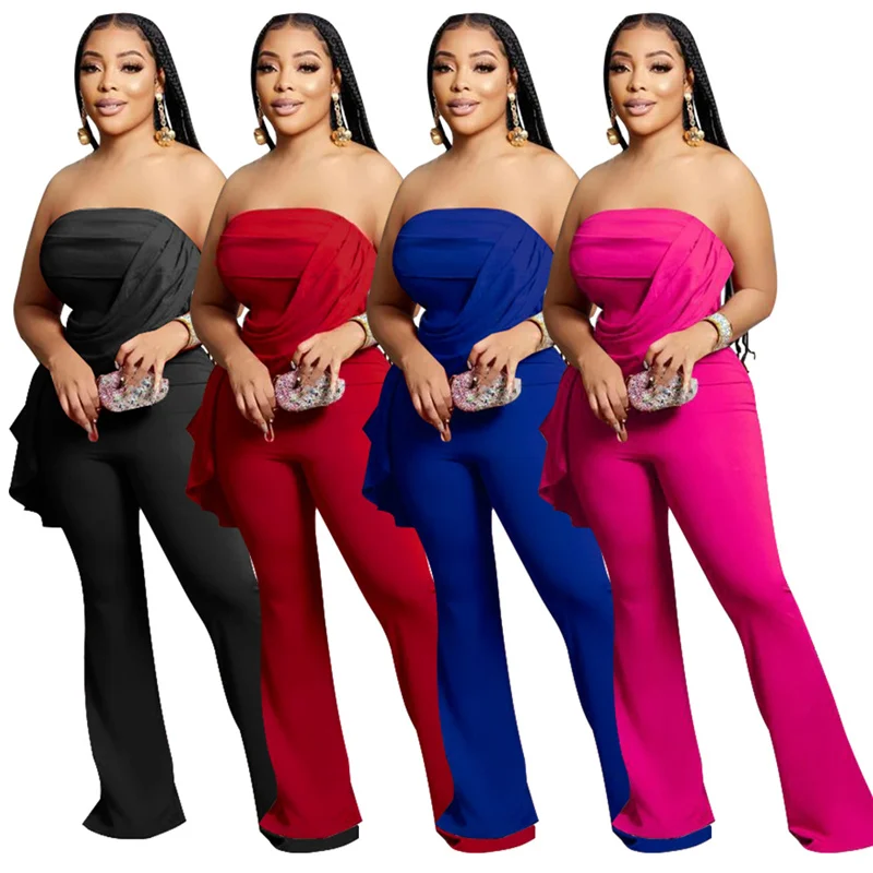 Sexy Strapless Streamer Side Draped Wide Leg Jumpsuit Women 2023 Party Club Night Elegant One Piece Rompers Combinaison Femme