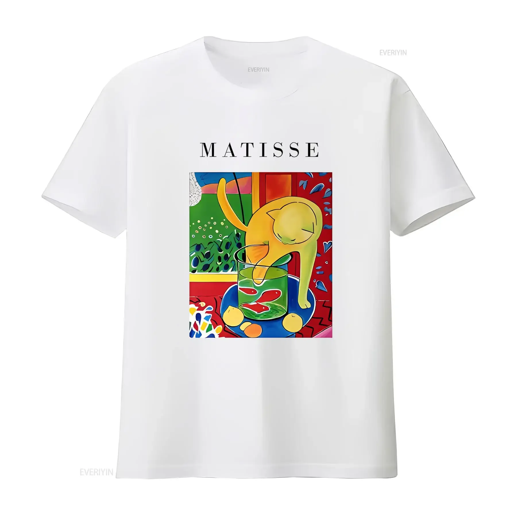 Camiseta con Estampado Artístico de Matisse, Diseño Le Chat Aux Poissons Rouges, para Amantes de los Gatos, 100% Algodón, Vintage, Lavada, Elástica, Suave y Cómoda