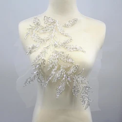 1Pc Silvery Lace Floral Beaded Rhinestones Crystals Appliques Patches DIY Sewing Wedding Dress Accessories Patch